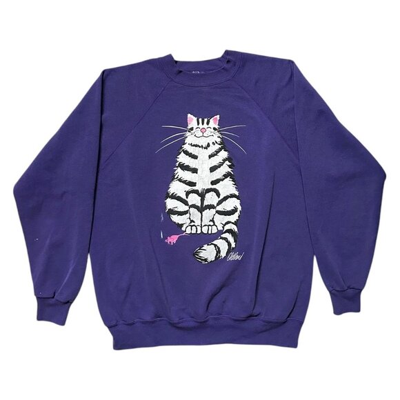 90s Vintage Front Back Cat Cartoon Sweatshirt Purple Crewneck Oldland Comic. - Picture 1 of 7